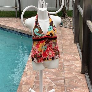 ANA tankini top size (8) colorful ties around neck no wires coral, yellow